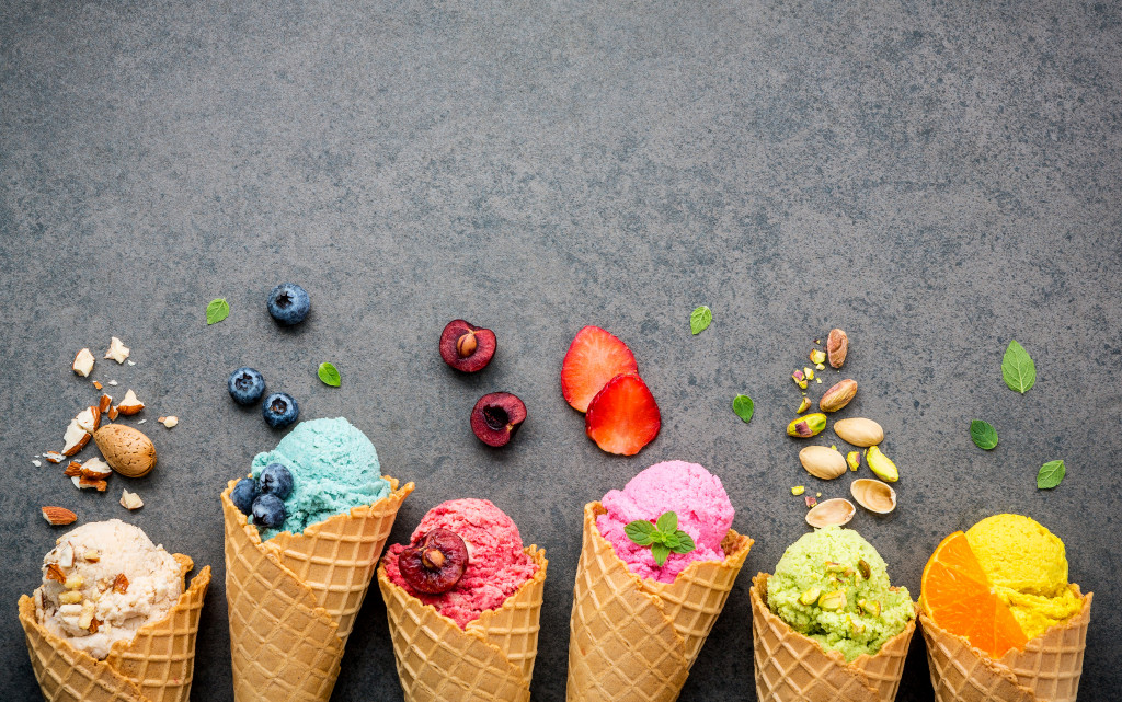 Different flavors of ice cream in cones